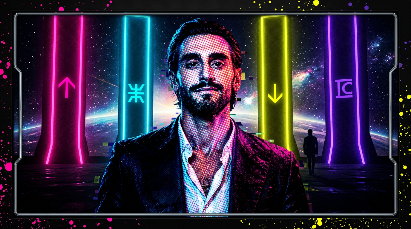 Four celestial angle markers glowing on a dark cyberpunk horizon
