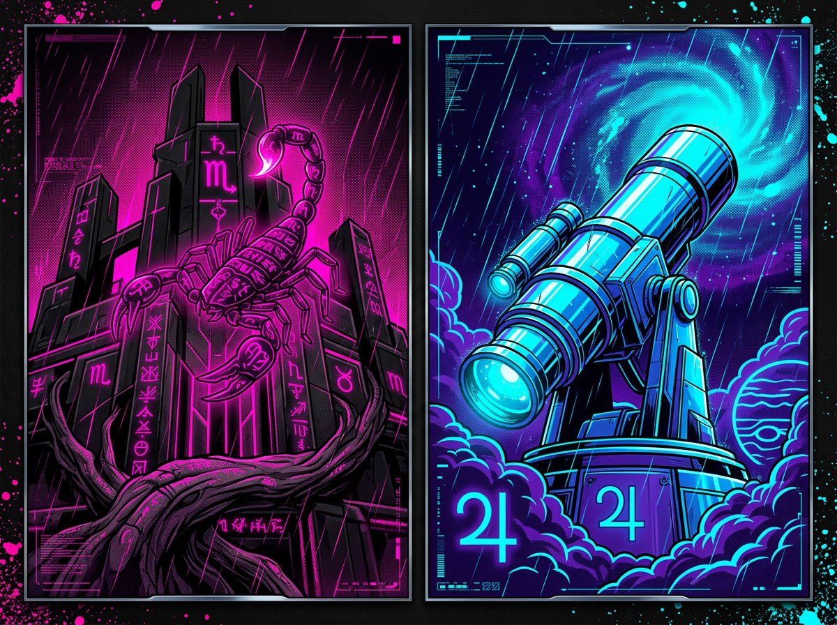 Scorpio fortress and Aquarius telescope under neon rain — deeper chart placements